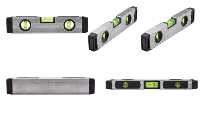 Professional spirit level tool set, aluminum bubble level for construction and carpentry, industrial measuring equipment for precision leveling isolated on White Background