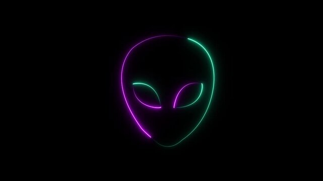 Glowing neon Alien head icon on black background. Martian head icon animation. Extraterrestrial alien face or head icon symbol. Space alien face, extraterrestrial, Martian emoji, humanoid.