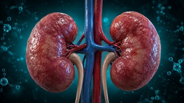 Chronic Kidney Disease with Bilateral Renal Fibrosis, Human Kidney Anatomy and Progressive Nephrology Pathology, Medical Illustration