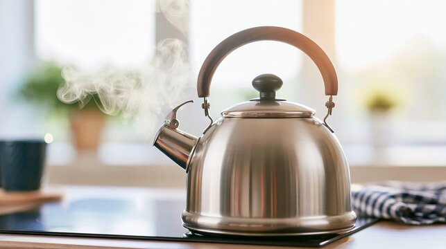 Stainless steel kettle boiling water on an induction hob, steam rising from the spout, creating a comforting kitchen scene