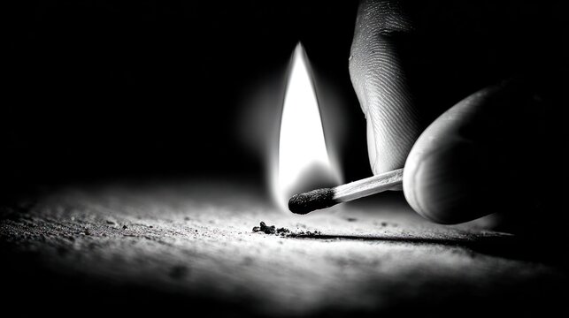 Close up of a hand lighting a match with bright flame dark background