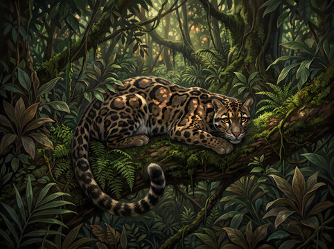 Creative illustration of clouded leopard blending into forest shadows with dappled light and leaf patterns, camouflage and survival symbol