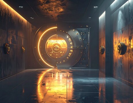 Gleaming futuristic bank vault door and hallway, bathed in warm and cold light