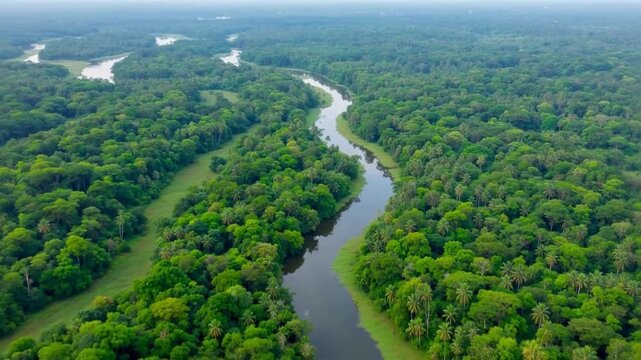 Aerial view of winding river cutting through lush green tropical forest and palm trees