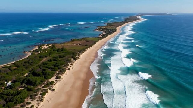 Aerial view of a pristine sandy beach with turquoise ocean waves crashing along a lush green coastline under clear blue sky