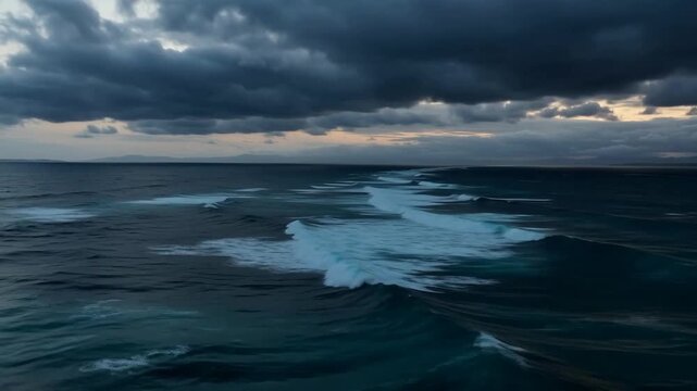 Aerial view of dark ocean waves under stormy clouds at dusk