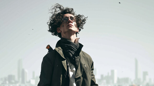 Curly Haired Young Man Looking Up In Future City