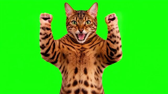 Realistic cat raising hands and cheering joyfully, victorious business success and winning celebration concept isolated on chroma key green screen background. 3D.