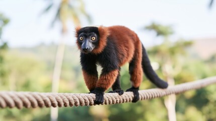 Obraz premium Red ruffed lemur carefully walking on a thick suspended rope with a natural green background, showing balance and concentration