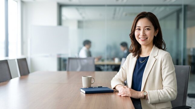 プロフィール写真をイメージした、モダンな企業のオフィスにて、穏やかな笑顔をカメラに向けている20代日本人女性社員のクローズアップ