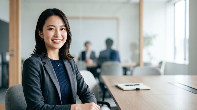 プロフィール写真をイメージした、モダンな企業のオフィスにて、穏やかな笑顔をカメラに向けている20代日本人女性社員のクローズアップ