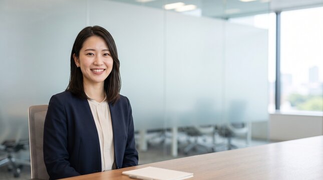 プロフィール写真をイメージした、モダンな企業のオフィスにて、穏やかな笑顔をカメラに向けている20代日本人女性社員のクローズアップ