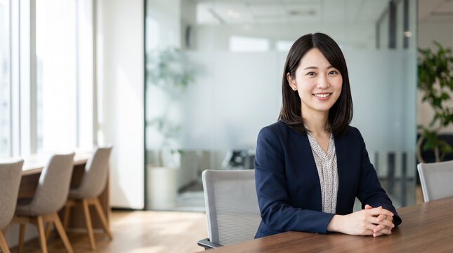 プロフィール写真をイメージした、モダンな企業のオフィスにて、穏やかな笑顔をカメラに向けている20代日本人女性社員のクローズアップ