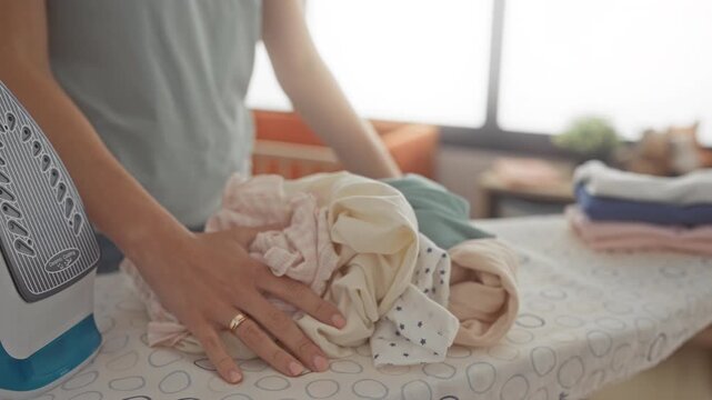 Woman ironing on ironing board, hand smoothing a pile of baby clothes next to iron inside building; calm domesticity.