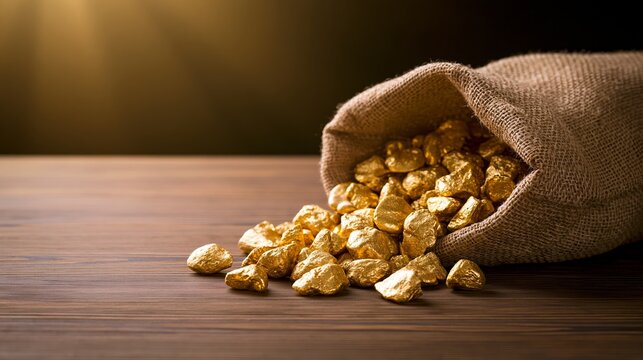 Gold nuggets spilling from burlap sack on wooden table, representing wealth, fortune, and prosperity