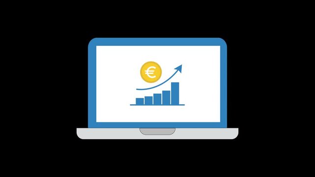 Euro growth chart on laptop screen. Online forex trading, euro currency market growth, European economy investment, and digital financial analytics. 2D animation with 4K resolution and alpha channel.