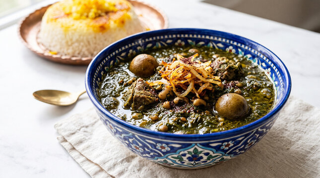 Ghormeh Sabzi in ceramic bowl