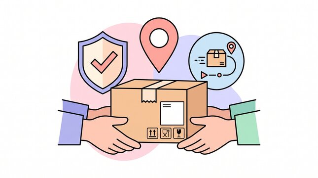 Courier hands passing parcel box with delivery tracking and secure shipping icons, parcel pickup confirmation concept