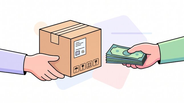 Hand paying cash for cardboard parcel delivery box, cash on delivery concept vector illustration