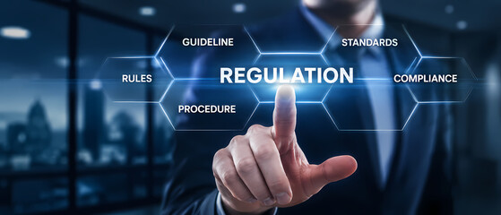 Obraz premium professional presses a regulation button on a digital interface surrounded by compliance, standards, guideline, rules and procedure concepts inside a modern office setting