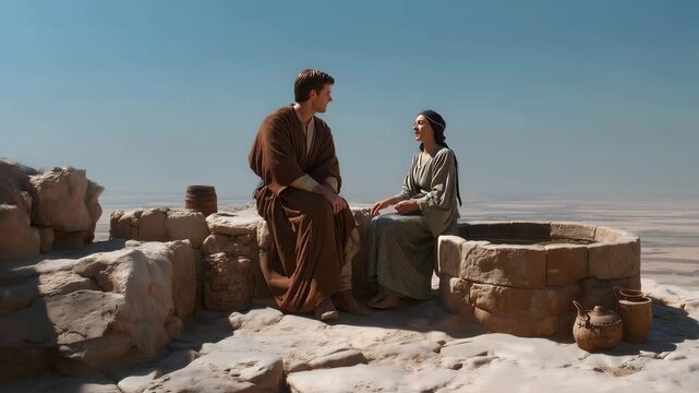 Moses and Zipporah Share a Quiet Conversation Beside a Desert Well in Midian