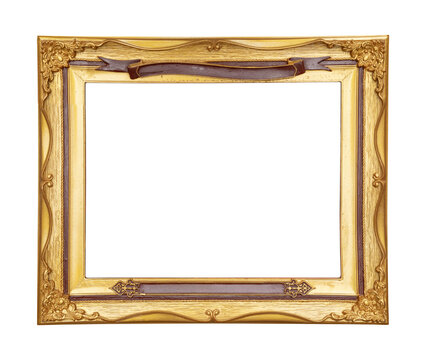 Ornate gold vintage picture frame with decorative baroque carvings and a banner, isolated on a transparent background.