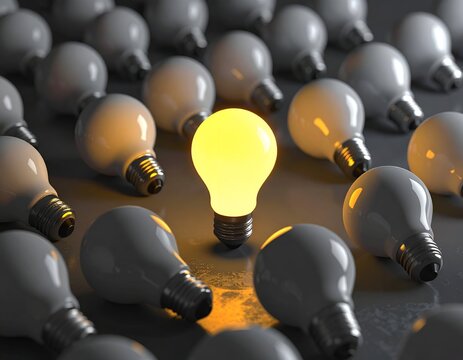 A glowing yellow lightbulb stands out from many unlit gray bulbs on a reflective surface