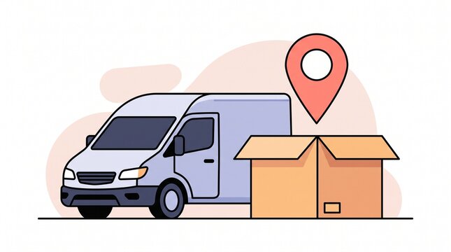 Vector illustration of a delivery van next to an open cardboard box with a location pin pointer icon