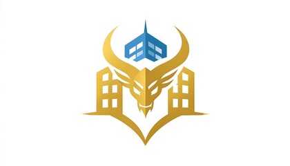 Golden dragon head vector logo combined with modern city architecture silhouettes and futuristic blue skyscraper element © Piawmiaw