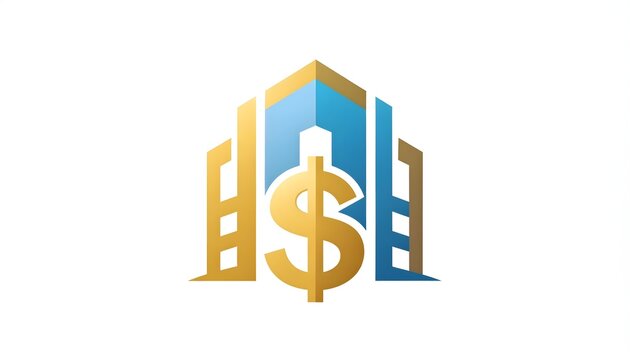 Real estate finance and property investment logo icon with dollar sign and buildings
