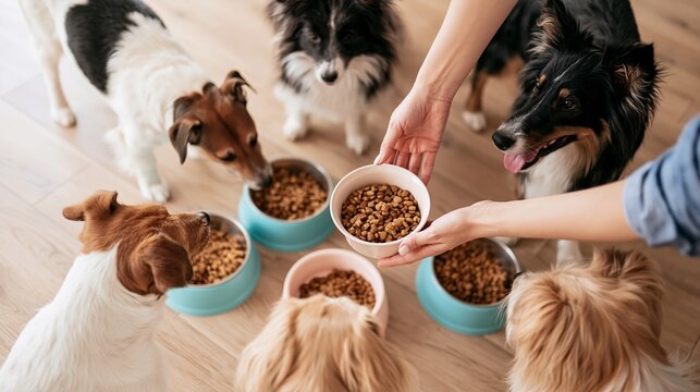 Person feeding multiple pet dogs kibble in bowls on a wooden floor, creating a happy group meal