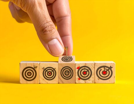 Hand places mini flag on target block, highlighting achievement amidst other blocks