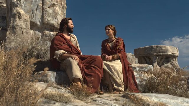 Moses and Zipporah Talking at the Well. Biblical Story Scene