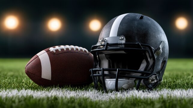 Classic football helmet and ball on green grass field under bright stadium lights, perfect for sports-themed designs and promotions in the football world.
