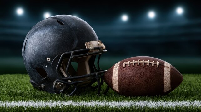 Vintage American football helmet and leather ball on green grass field with stadium lights in background, perfect for sports and competition themes