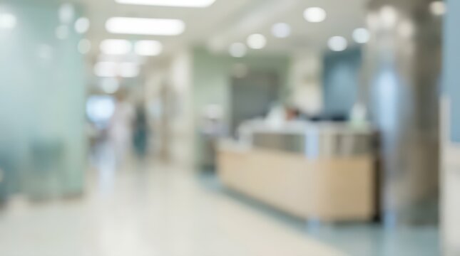 Blurred hospital interior medical clinic reception desk hall corridor healthcare background nursing home doctor office wellness medicine surgery