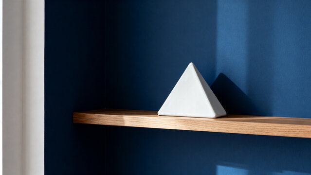 equilateral. White triangle ceramic object on wooden shelf against blue wall, minimalist home decor concept, lifestyle magazines.