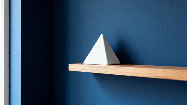 equilateral. White triangle ceramic object on wooden shelf against blue wall, minimalist home decor concept, lifestyle magazines.