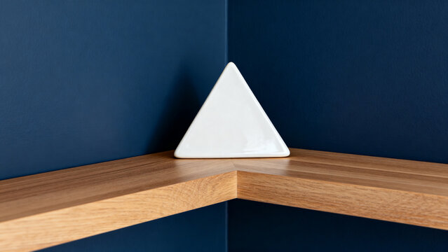equilateral. White triangle ceramic object on wooden shelf against blue wall, minimalist home decor concept, lifestyle magazines.