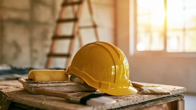 Yellow hard hat, paint roller, and brush on dusty workbench symbolizing ongoing renovation and home improvement project