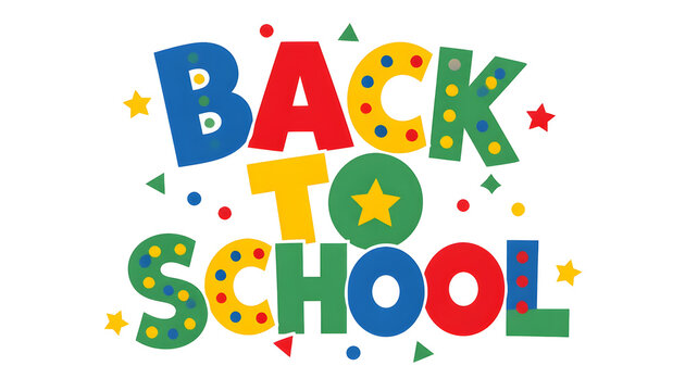 Colorful back to school typography design featuring vibrant letters and playful dots on transparent background