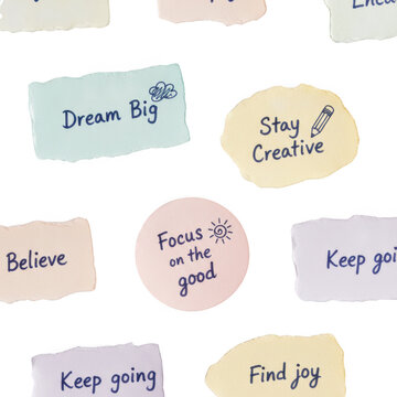 Colorful sticky notes with handwritten motivational quotes and positive words for personal inspiration