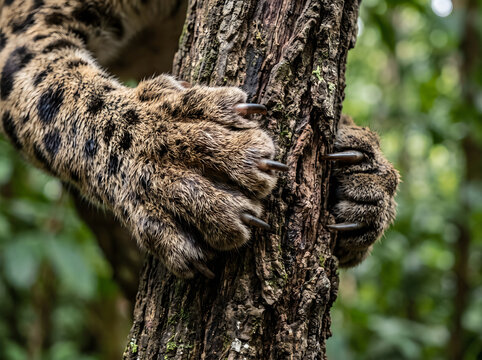 Extreme close-up of clouded leopard's paw with sharp claws gripping rough tree bark, detailed fur and bark texture