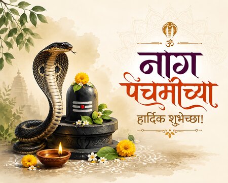 Traditional Nag Panchami Hindu festival celebrating Lord Shiva, Vasuki serpent, Shiva Lingam, sacred worship rituals, Indian spirituality, premium religious banner with generous copy space