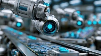Fototapeta premium Advanced Robotic Arm with Blue Light Focusing on Circuit Board in High-Tech Manufacturing Environment