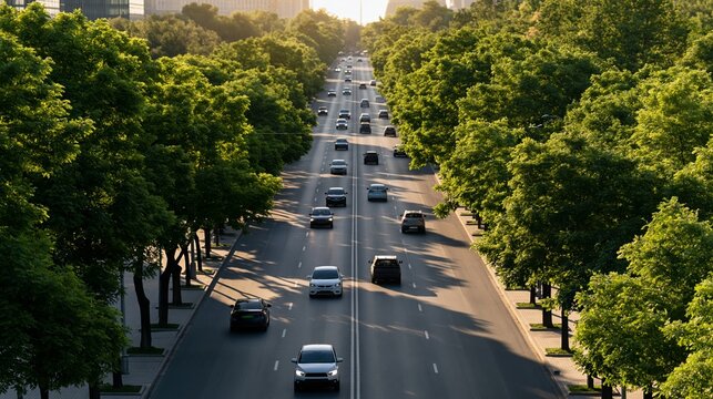 City boulevard with lush green trees and multiple lanes of busy traffic under soft daylight
