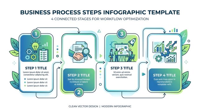 Modern 4-step business process infographic template with workflow icons. Flat design corporate diagram for presentations and reports.