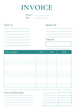 Invoice template, printable billing form in teal design