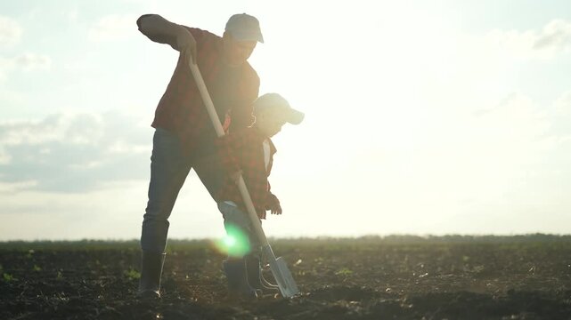 Father son teamwork agriculture field. Father teaching son essential farming skills symbolizing generational knowledge transfer. Father son teamwork rural setting bonding over agriculture tasks field