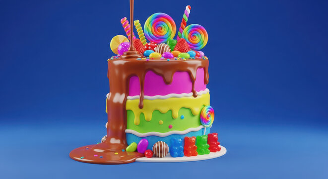 Vibrant tiered birthday cake topped with colorful rainbow lollipops and cascading rich chocolate glaze isolated against a solid blue background for festive dessert celebration concepts